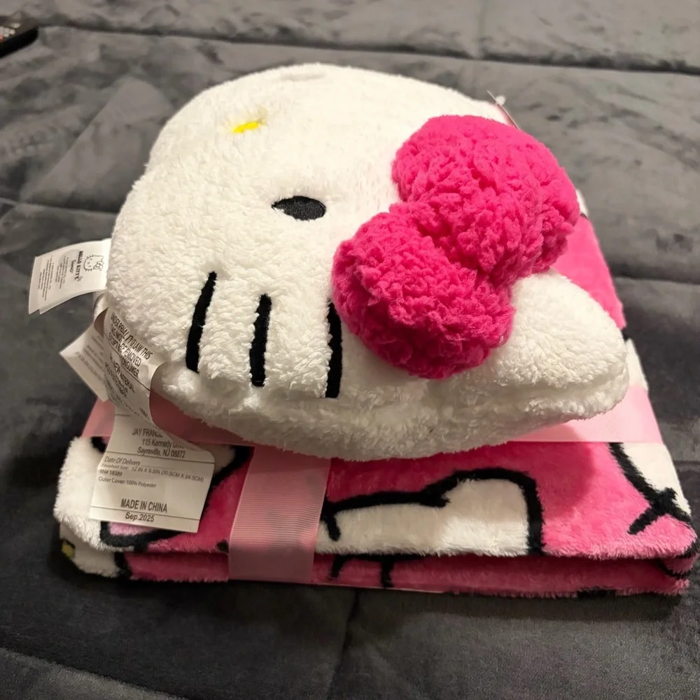 New Hello Kitty Plush Pillow and Blanket Set - White & Pink - Sanrio